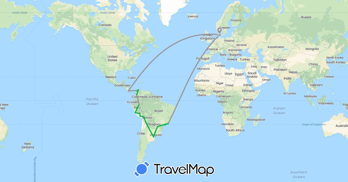 TravelMap itinerary: driving, bus, plane, hiking, boat in Argentina, Bolivia, Brazil, Colombia, Costa Rica, Denmark, Peru (Europe, North America, South America)